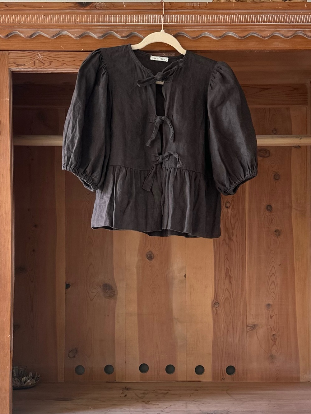 Neuflora 100% Linen Tie-Front Puff Sleeve Top